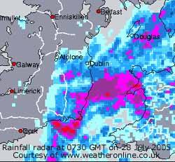 Rainfall radar at 0730 GMT on 280705 2005. Courtesy of WeatherOnline subscription.