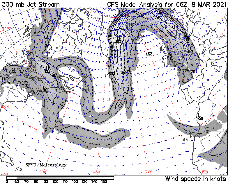 Jetstream 300 mb GFS analysis for 00 GMT on 19 Mar 2021. Courtesey of SFSU Meteorology.