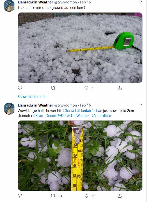 Tweet about Storm Dennis large hail. Photos courtesy of Gordon Perkins.