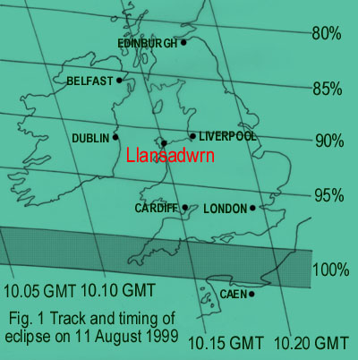 Llansadwrn: Fig.1 Track and timing of the eclipse on 11 August 1999 [39KB].