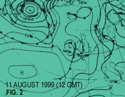 Llansadwrn: Fig. 2 WEATHER LOG map for 12 GMT on 11 August 1999 [40KB].