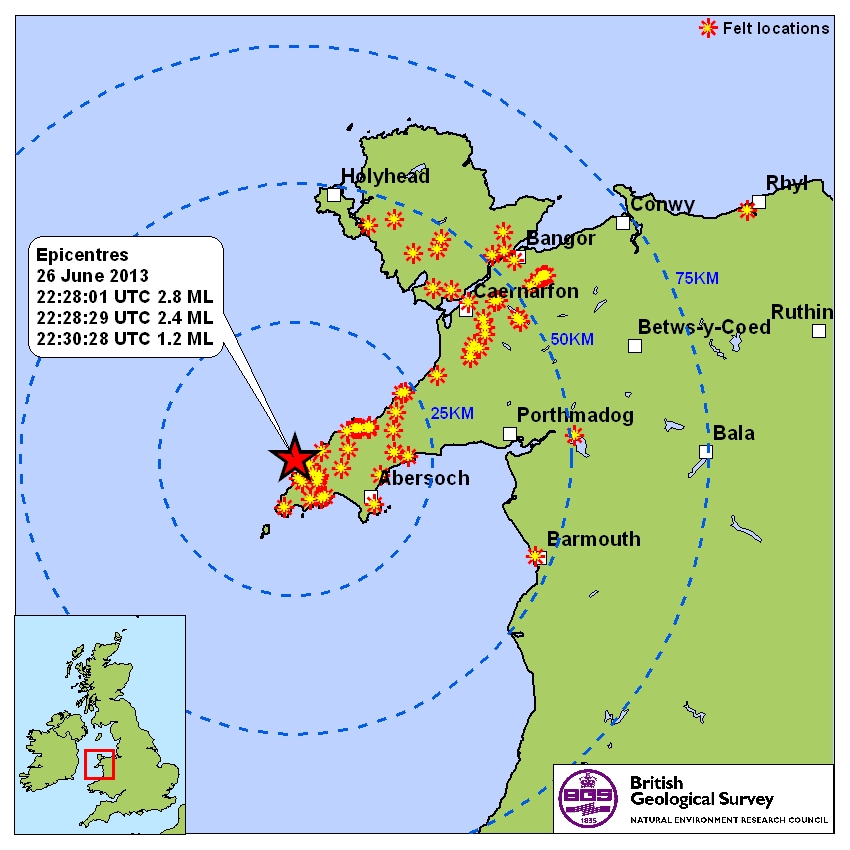 Where the earthquakes in the Lleyn Peninsula were felt, courtesy of British Geological Survey.