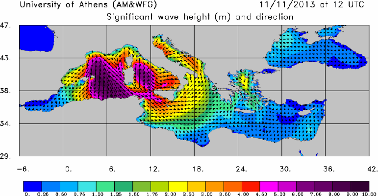 Significant wave heights 12 GMT on Mediterranean Sea, courtesy of University of Athens.