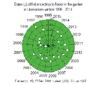 Dates of first flowering snowdrop  in the garden in Llansadwrn winter 1996-2013.