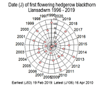 Dates of flowering of blackthorn in Llansadwrn 1996-2019.