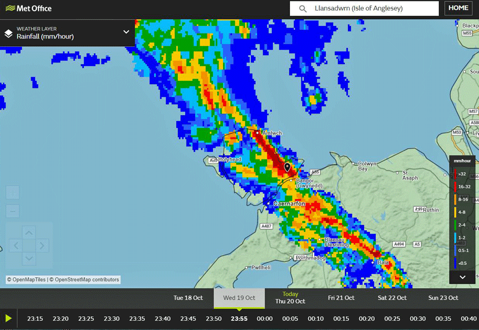 Rainfall radar image at 2255 GMT on 19 October 2022. Courtesy of the Met Office.