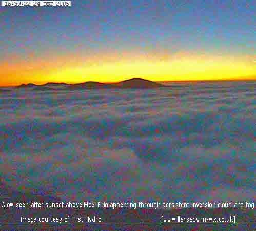 After sunset glow over Moel Eilio with inversion cloud/ fog. Courtesy of First Hydro webcam.