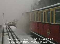 Summer snow at the Snowdon summit railway station..Courtesy BBC website.
