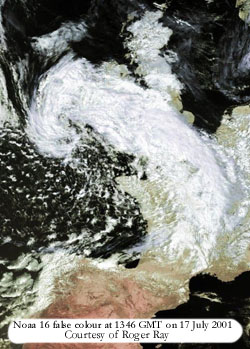 Vigorous low SW of Ireland at 1346 GMT on 17 July 2001. Noaa 16 false colour courtesy of Roger Ray.