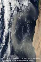 Dust being blown offshore from Spanish Sahara and Mauritania on 13 December 2003: NOAA TERRA mage courtesy of the MODIS team at NASA.