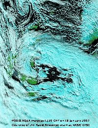 MODIS AQUA image (Ch 7-2-1) at 1230 GMT on 18 Jan 2007, courtesy of the Rapid Response Team at NASA/GFSC.